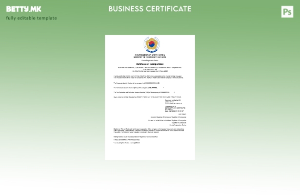 модерен стил Сертификат за регистрација на бизнис во Јужна Кореја Шаблон за Word